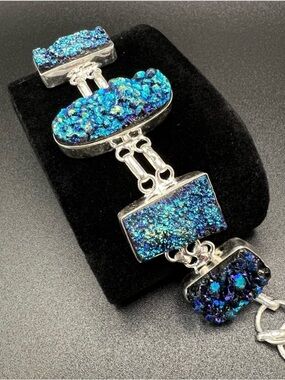 Vintage Sterling Silver Chunky Blue Titanium Druzy Quartz Statement Bracelet